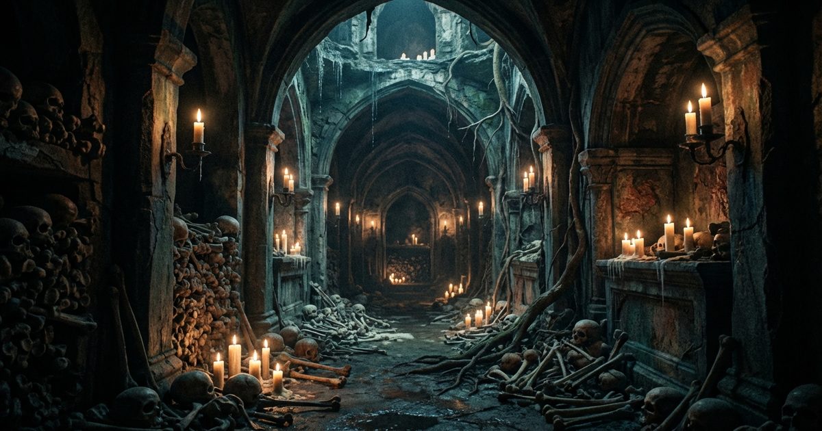 Spazi liminali horror: corridoio sotterraneo tra luce e oscurit&agrave;, soglia gotica
