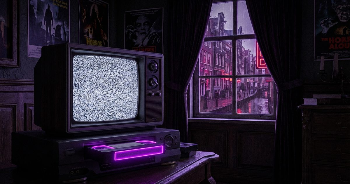 Cinema horror anni 80: cassetta VHS che brilla nel buio con statica su TV vintage