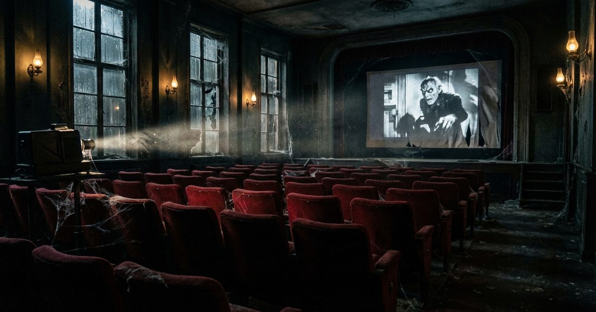 Cinema horror anni 80: sala cinematografica abbandonata con poltrone rosse e proiettore