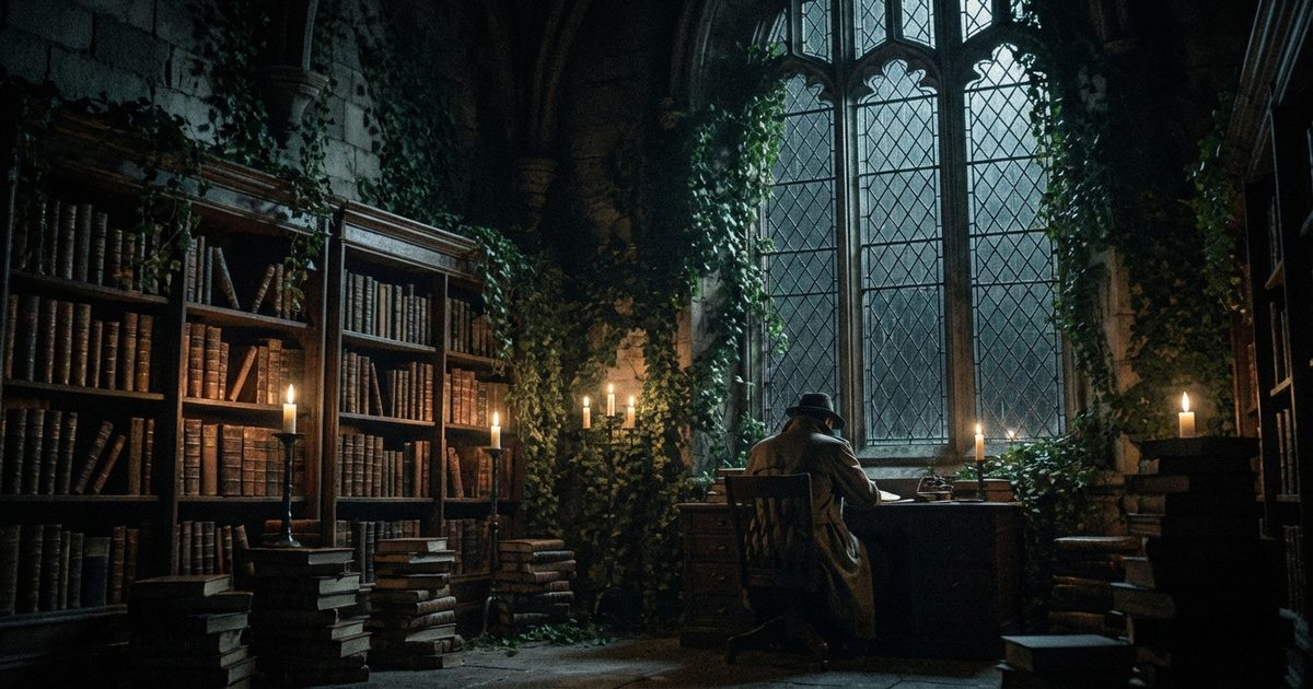 Dark Academia horror: aula universitaria gotica con libri antichi e candele