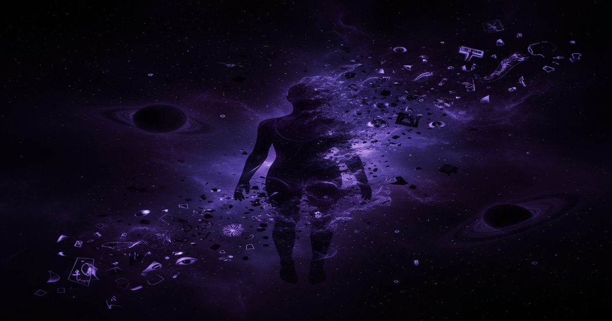 Figura umana che si dissolve nel vuoto cosmico — perdita di identità nell'horror moderno