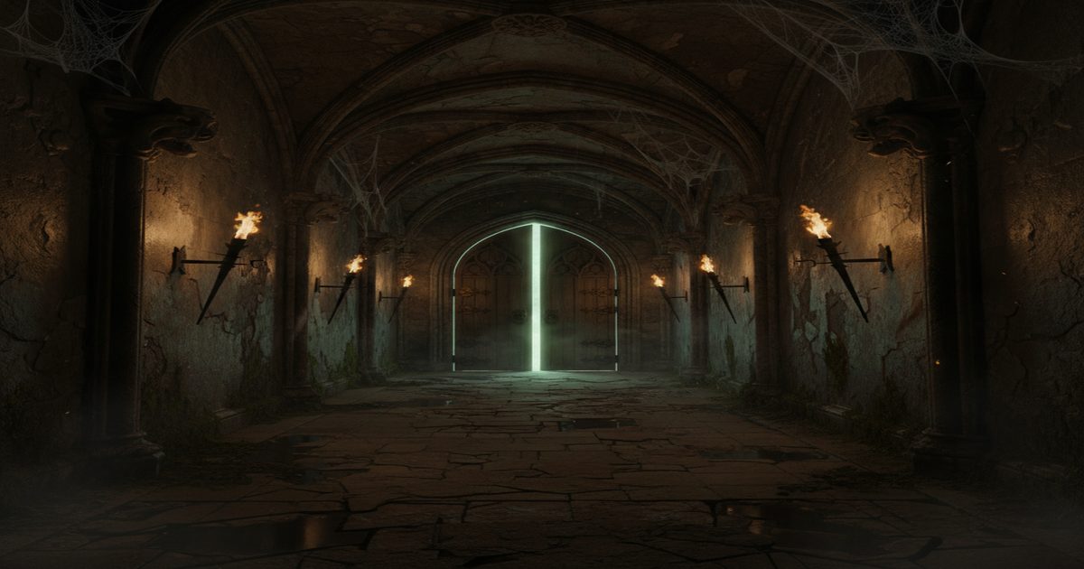 Corridoio gotico ottocentesco con porta socchiusa — horror atmosferico di Edgar Allan Poe