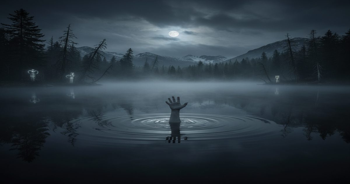Lago nero notturno con mano pallida che emerge dall&rsquo;acqua, N&oslash;kken spirito nordico del folk horror scandinavo