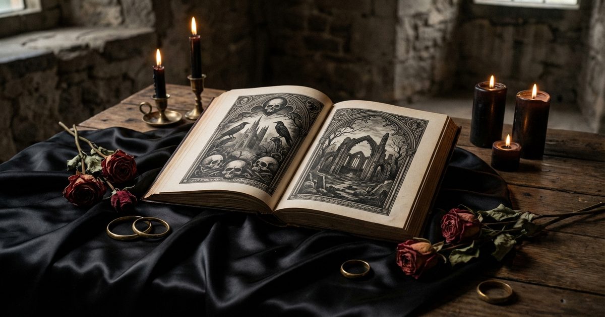 gothic minimalism gotico letterario confronto, libro antico aperto con illustrazioni gotiche circondato da tessuti neri e candele
