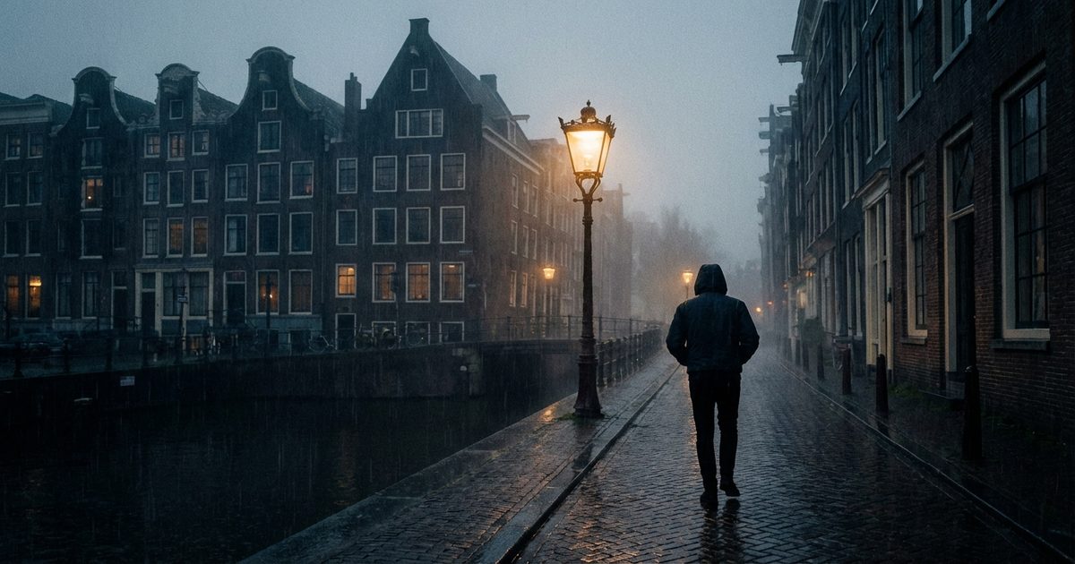 gothic horror estetica amsterdam notte, figura in abito nero moderno sui canali gotici