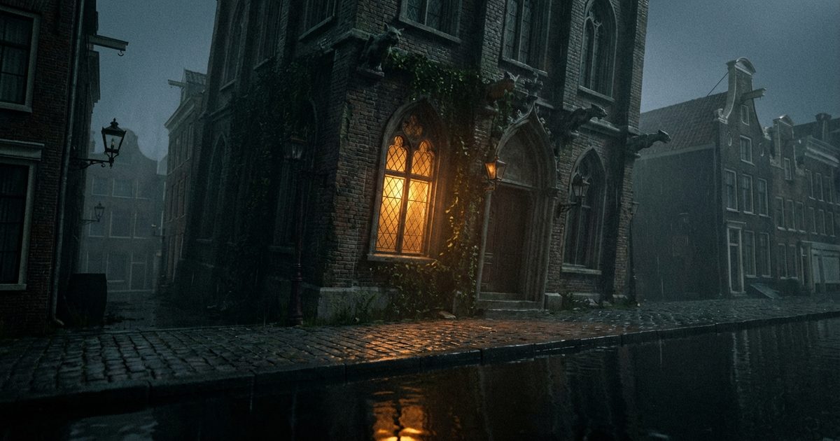 Quartiere a luci rosse Amsterdam di notte con Oude Kerk, horror gotico sacro e profano