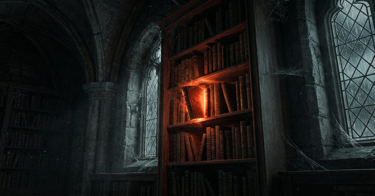 Libreria gotica con volumi horror antichi e candele, atmosfera letteraria oscura