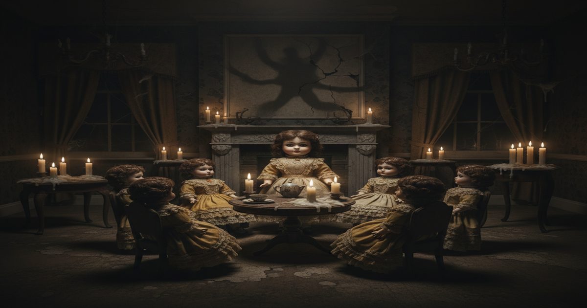 Bambole vittoriane in porcellana nella penombra, simbolo del perturbante di Freud e dell&rsquo;uncanny valley nell&rsquo;horror