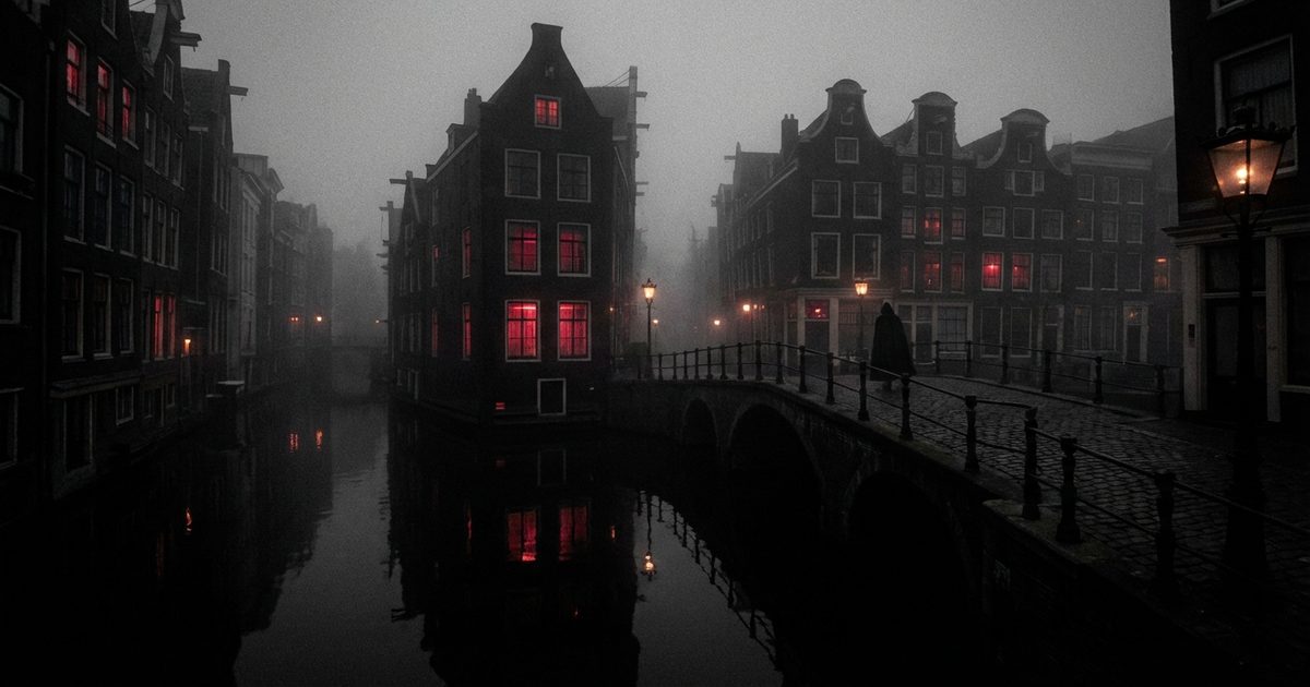 De Wallen Amsterdam moderno: vicolo notturno con luci rosse e Oude Kerk sullo sfondo