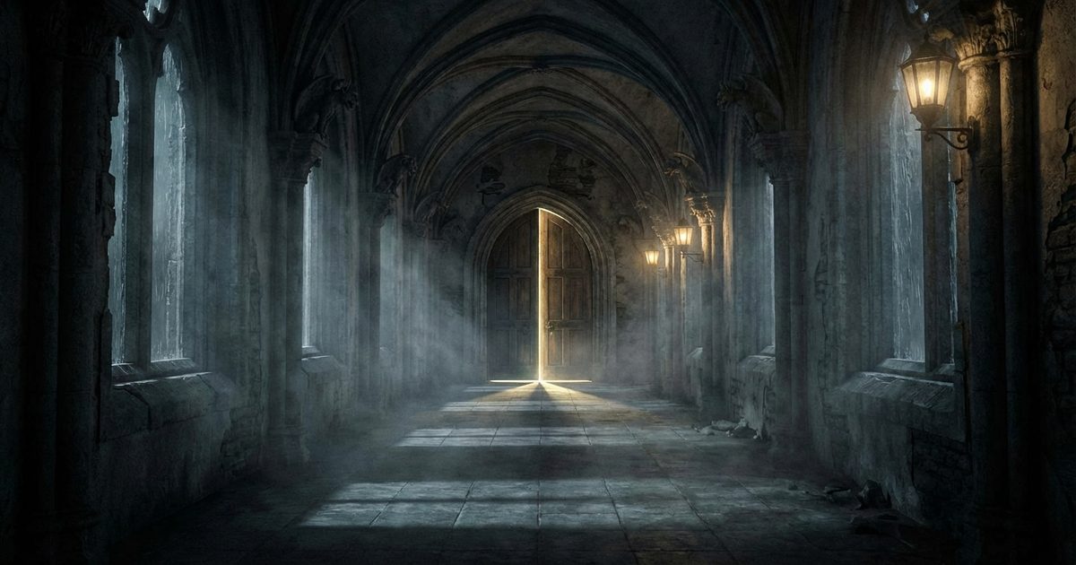 Incubo ricorrente: porta gotica che si apre nel buio del sonno, sogno horror