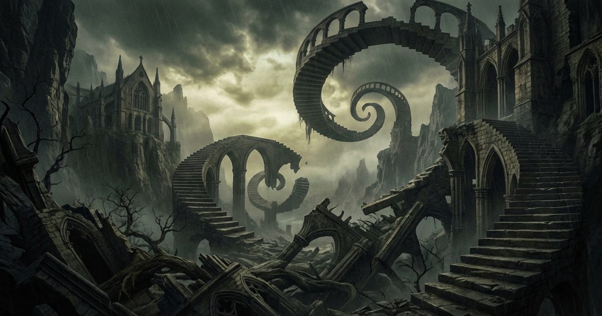 Weird fiction: paesaggio surreale con architetture impossibili e atmosfera onirica