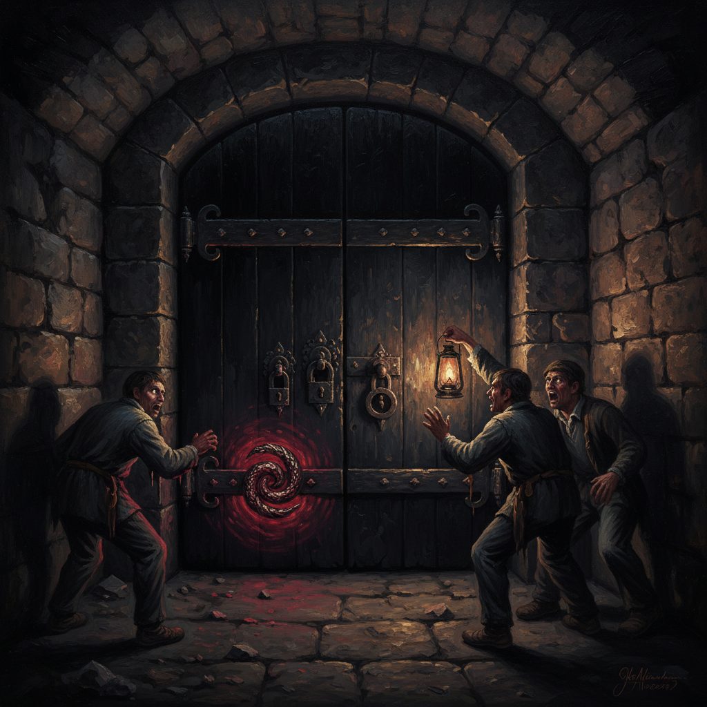 La porta del seminterrato con tre enormi serrature di ferro. La terza serratura sembra 'respirare' ritmicamente. Gli operai si rifiutano di avvicinarsi.