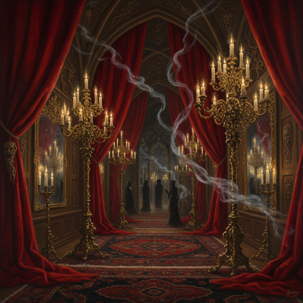 Interno opulento del Bordello delle Ombre con tende di velluto scarlatto, candelabri e ombre sinistre