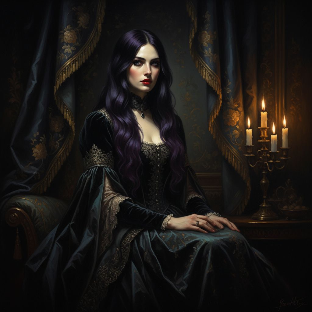 Donna misteriosa con capelli corvini e riflessi viola alla luce delle candele, bellezza gotica oscura