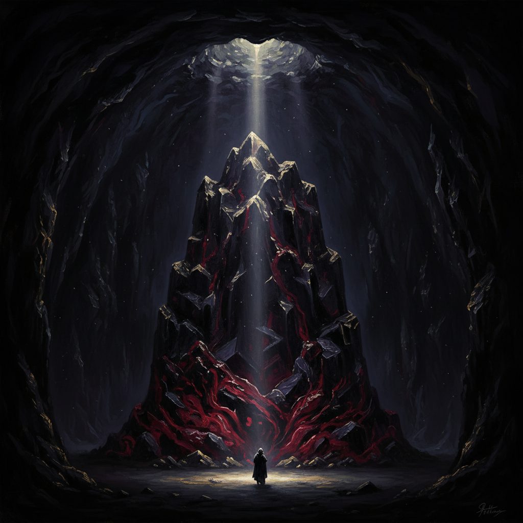 Alex scopre la caverna immensa sotto il bordello: al centro un'enorme formazione metallica nera dalla superficie frastagliata, trasudante riflessi violacei.