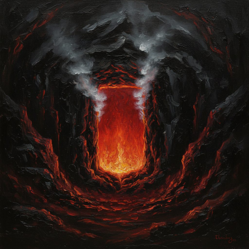 Un foro quadrangolare nella caverna brilla di luce rossa infernale. Suoni viscosi di magma ribollente emergono dalle profondita. Il calore e insopportabile.