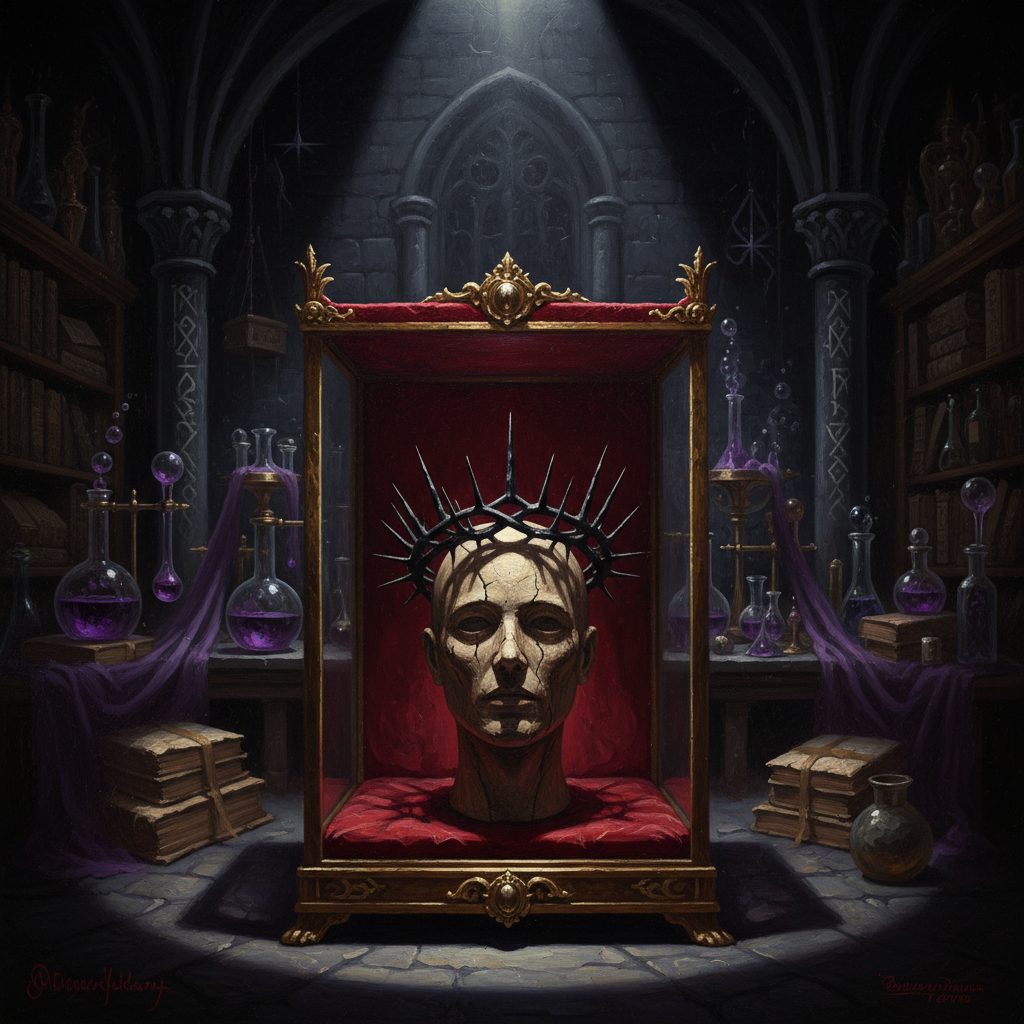 Una teca di velluto rosso contiene una corona di spine metalliche nere su un manichino di legno. Costruita da Alex stesso durante la trance, senza memoria.