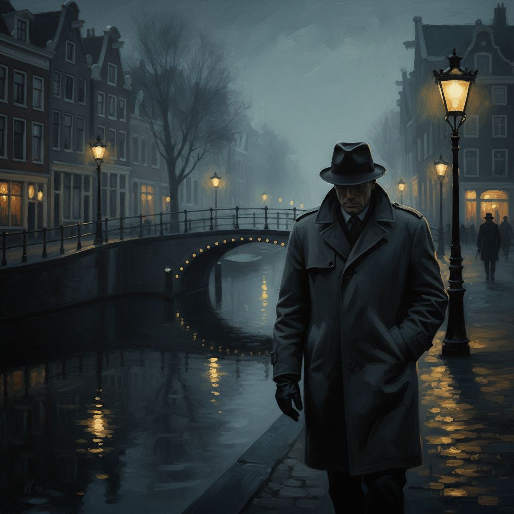 Figura solitaria lungo i canali di Amsterdam di notte negli anni 80, nebbia e lampioni