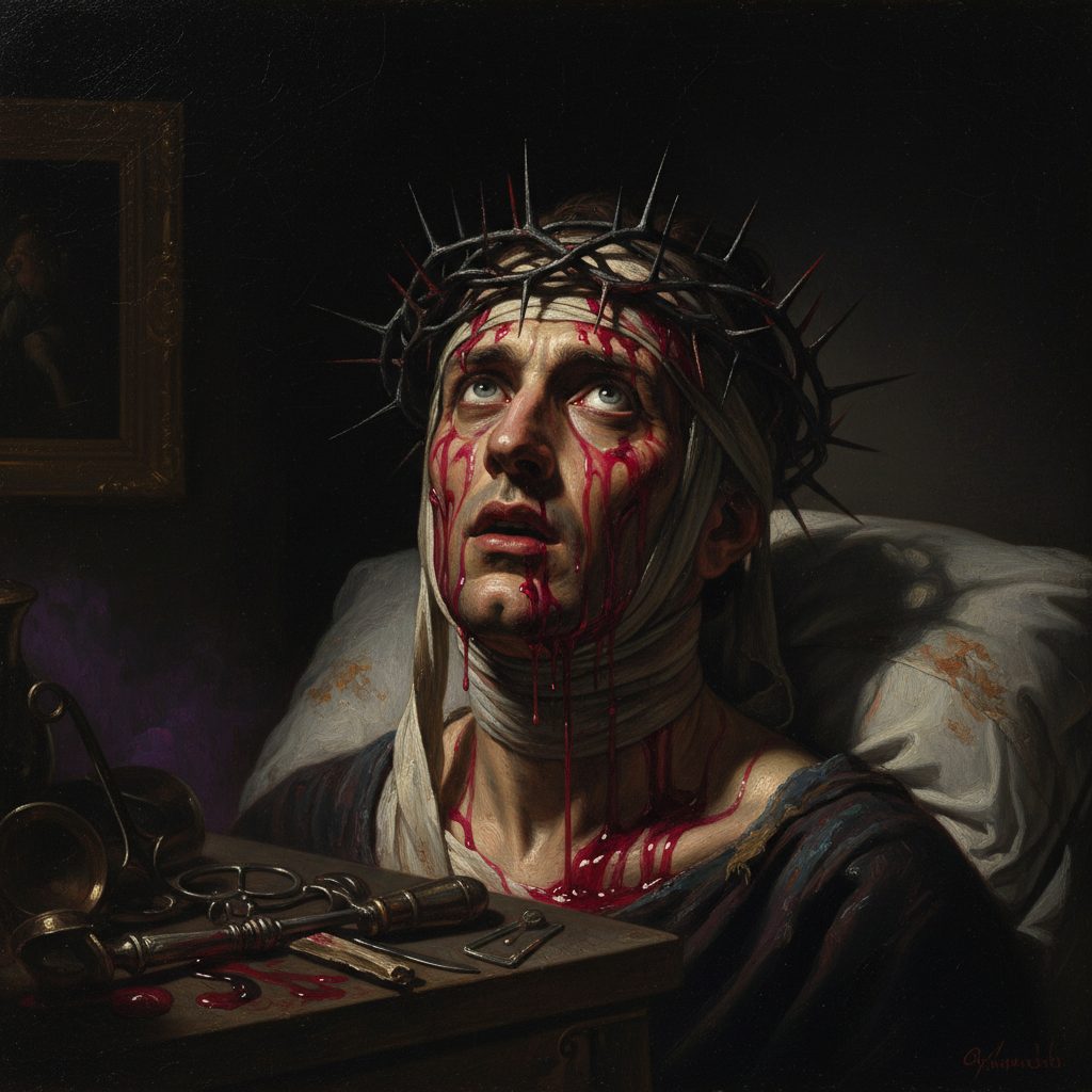 Alex si risveglia dopo l'installazione della corona. Il suo sangue e diventato color magenta. Le spine sono ancorate all'osso del cranio.