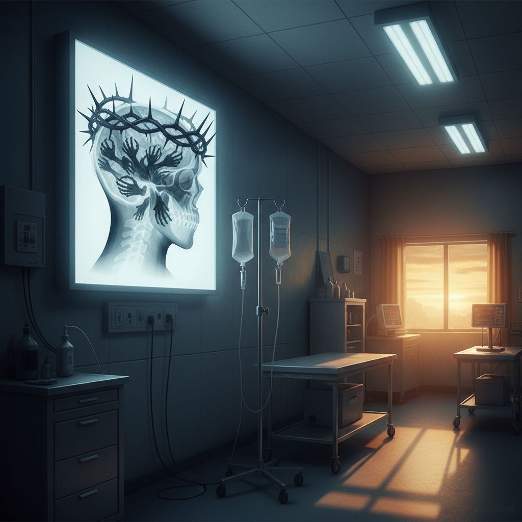 Radiografia cranio con corona di spine fusa, piccole mani dentro il cranio