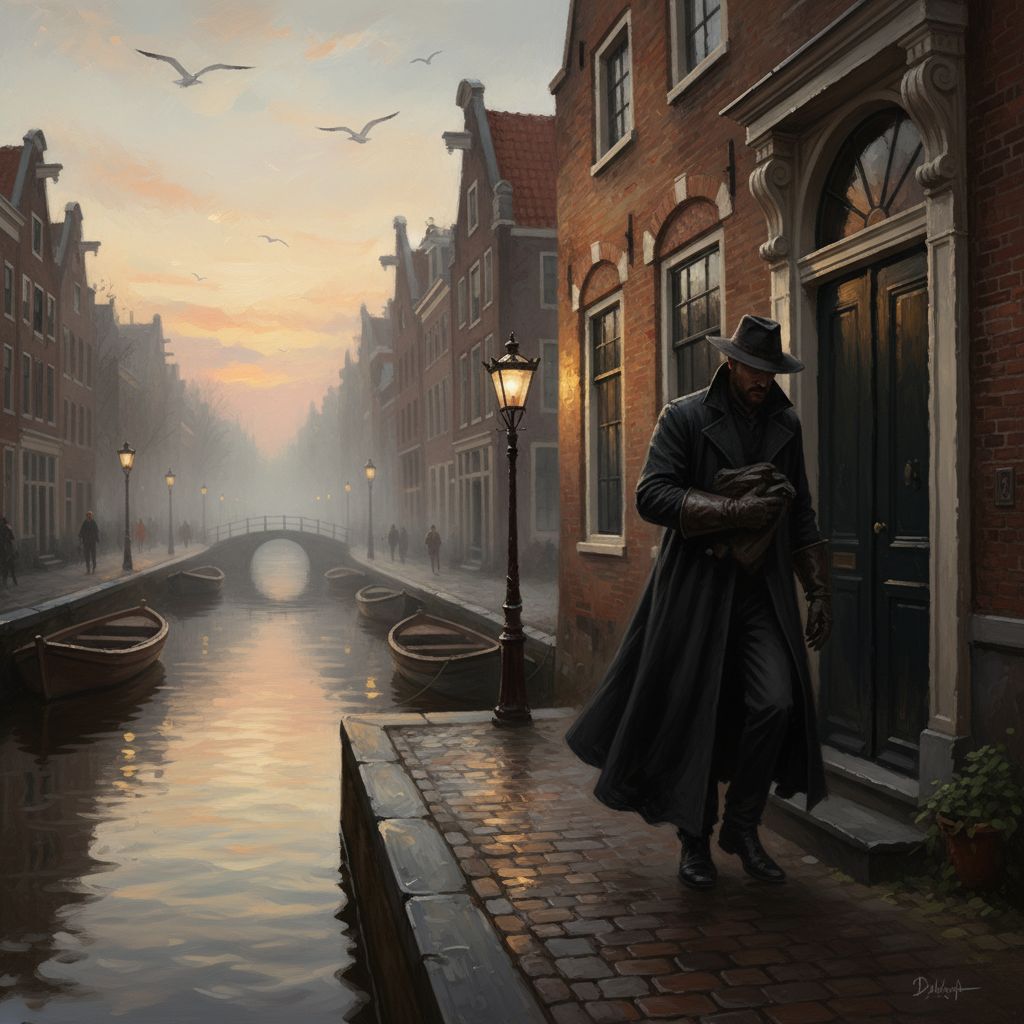 Uomo in cappotto emerge all'alba di Amsterdam, luce dorata, canali, gabbiani